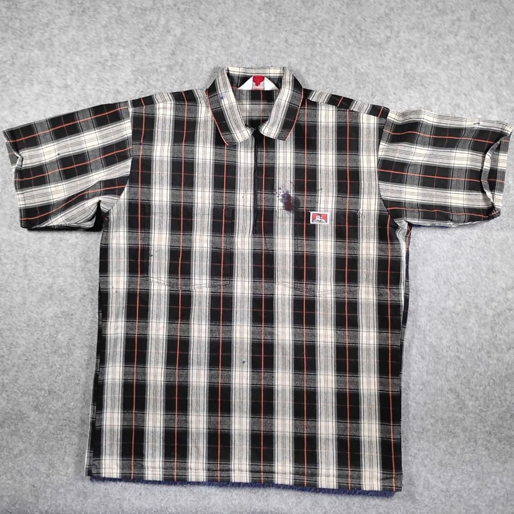 Ben Davis Mens Plaid Half Zip Short Sleeve Work Shirt Black Orange Size M